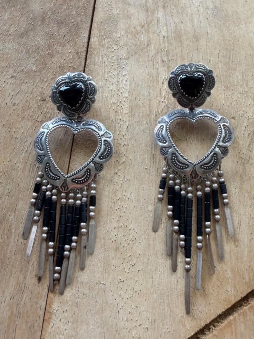 sterling silver 925 and black onyx heart fringe dangle earrings